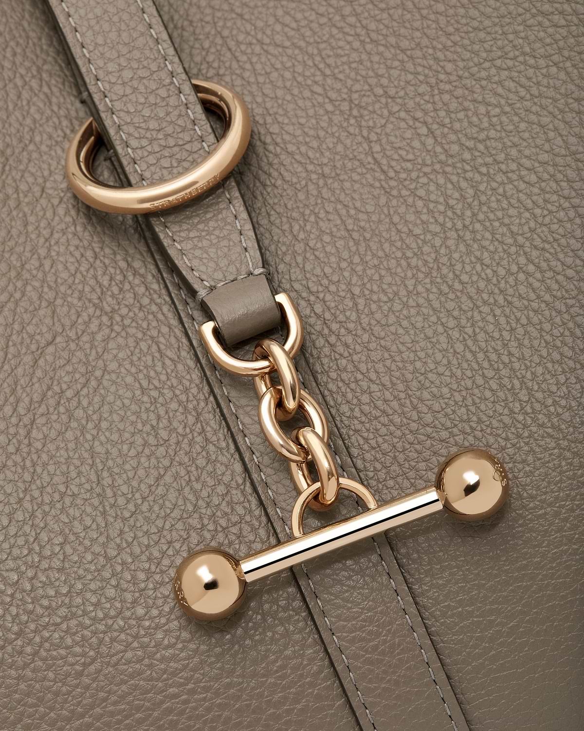 Taupe pebbled leather Kite Tote strap featuring gold chain and bar hardware.