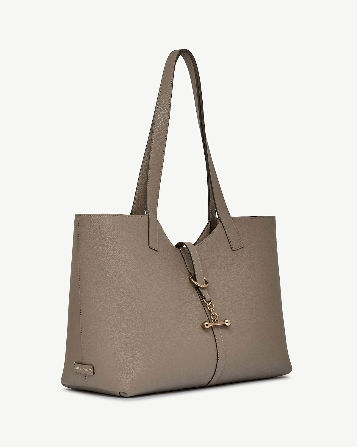 Taupe Strathberry Kite tote with long handles and gold hardware.