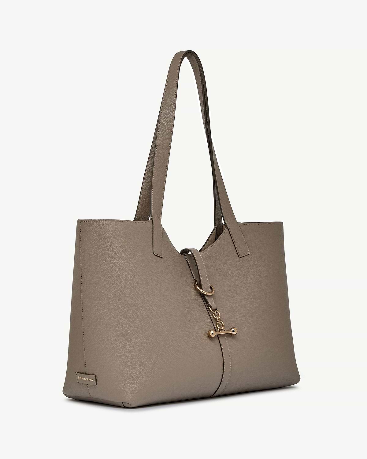 Taupe Strathberry Kite tote with long handles and gold hardware.