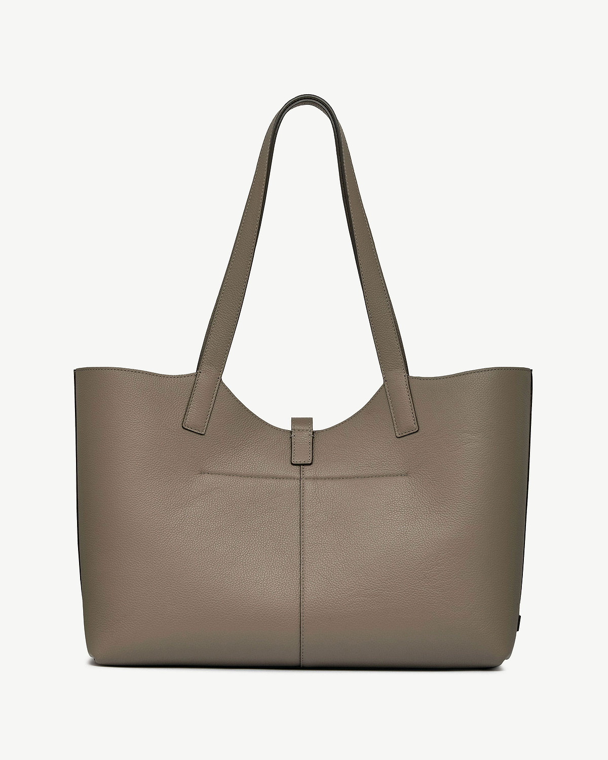Pebbled taupe leather tote bag with two top handles and central tab closure.