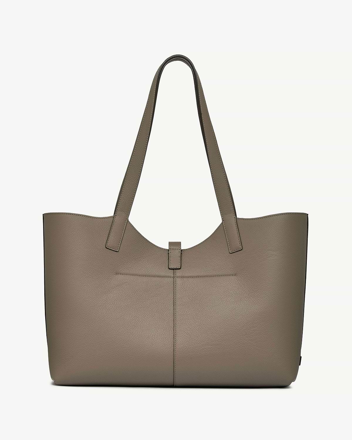 Pebbled taupe leather tote bag with two top handles and central tab closure.