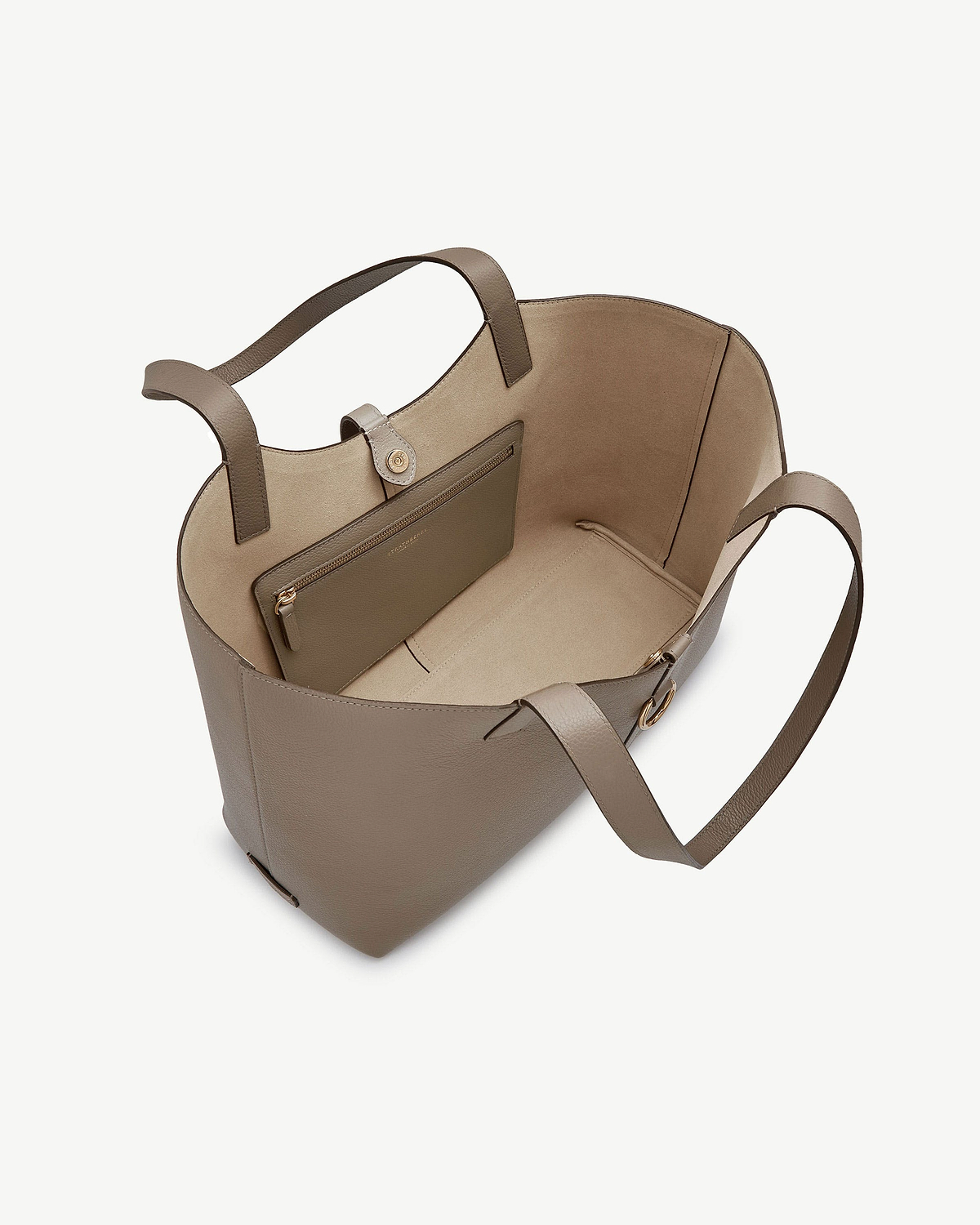 Taupe Kite tote with open top, beige interior, zip pouch and shoulder straps.