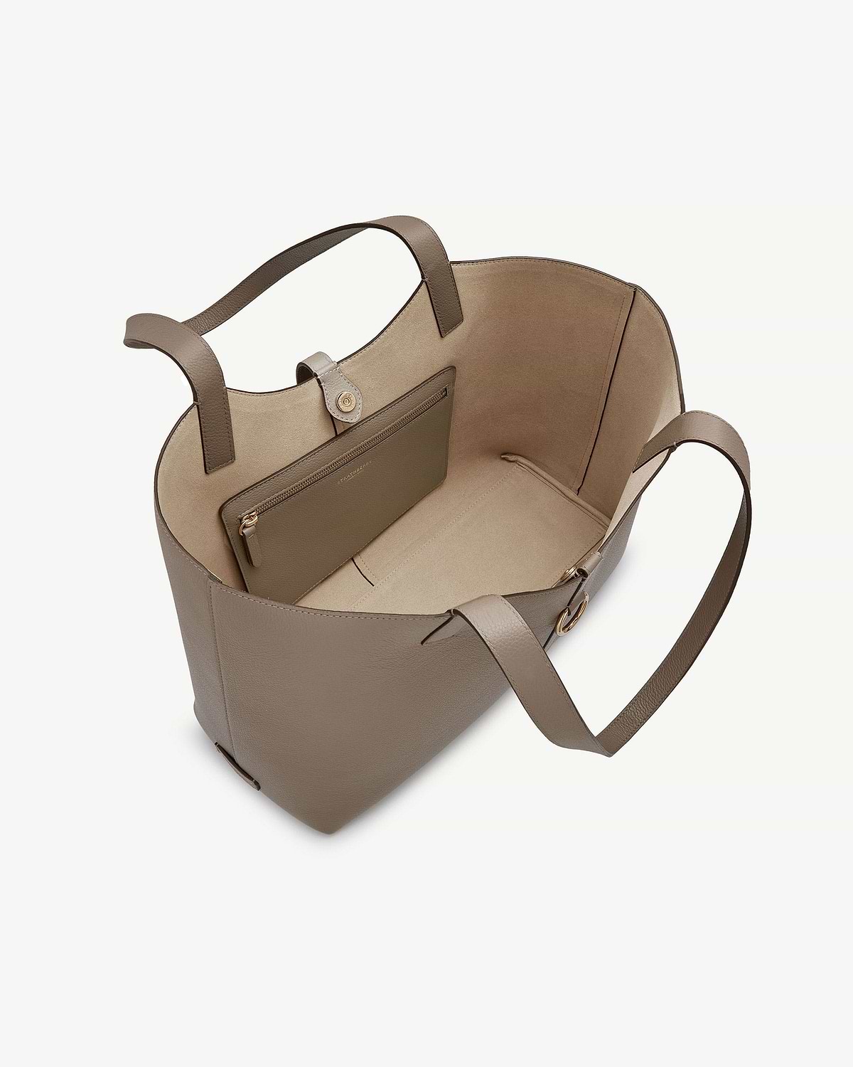 Taupe Kite tote with open top, beige interior, zip pouch and shoulder straps.