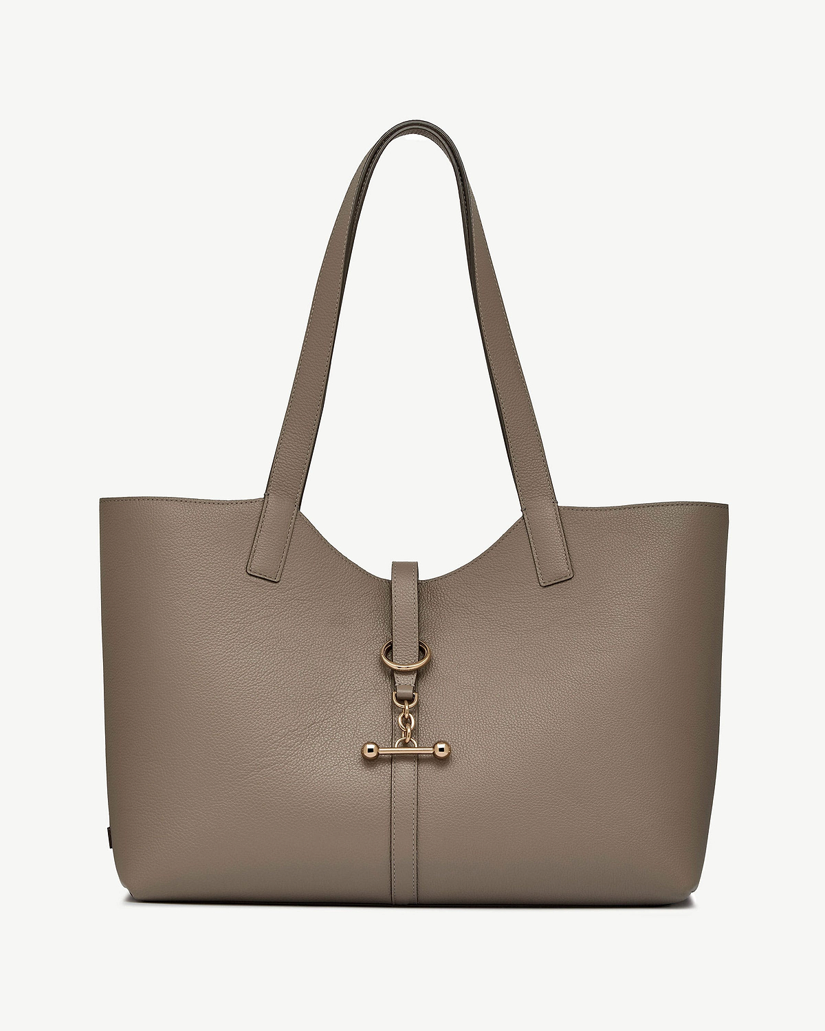 Taupe Kite tote with gold T-bar hardware, pebbled leather and long handles.