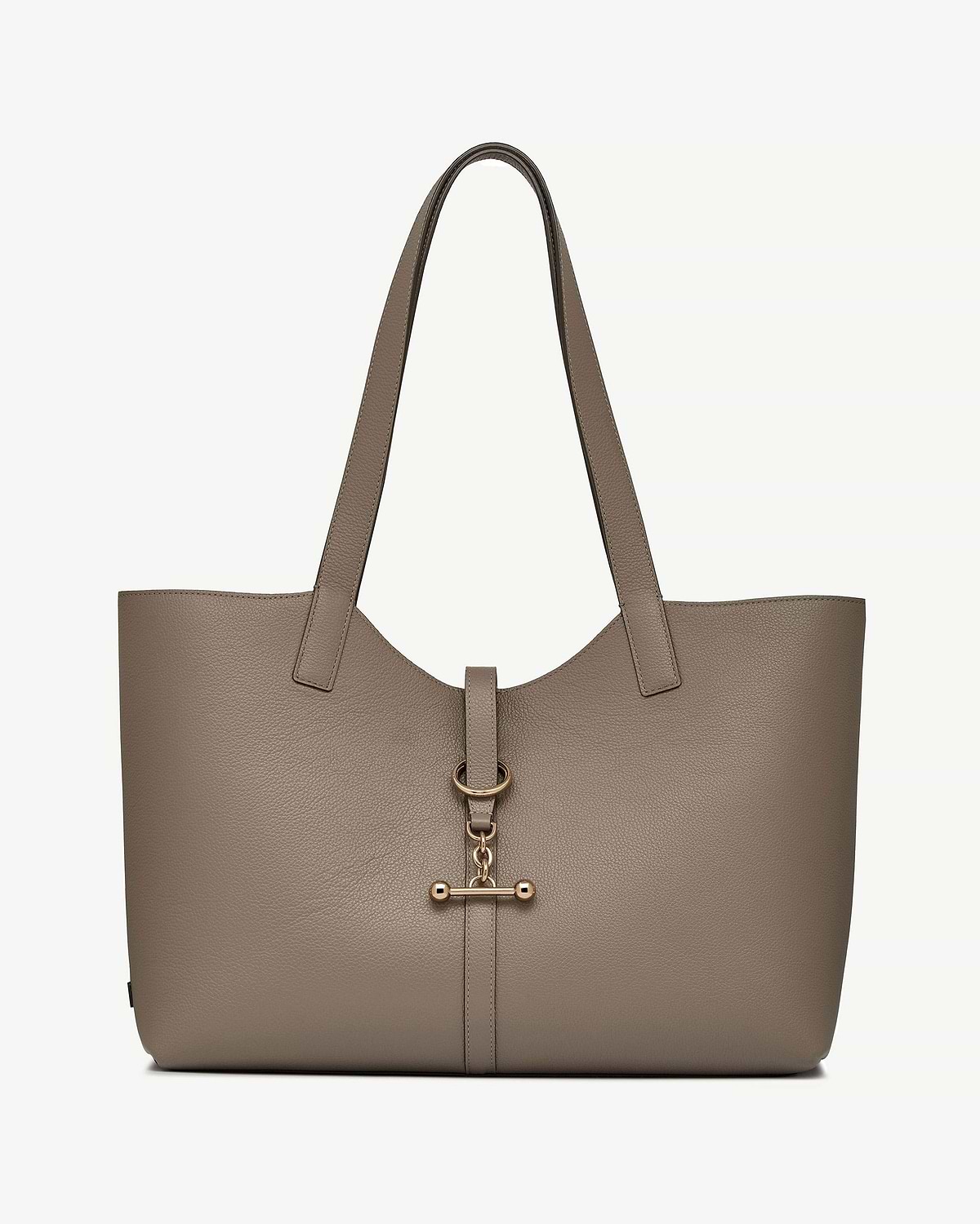 Taupe Kite tote with gold T-bar hardware, pebbled leather and long handles.