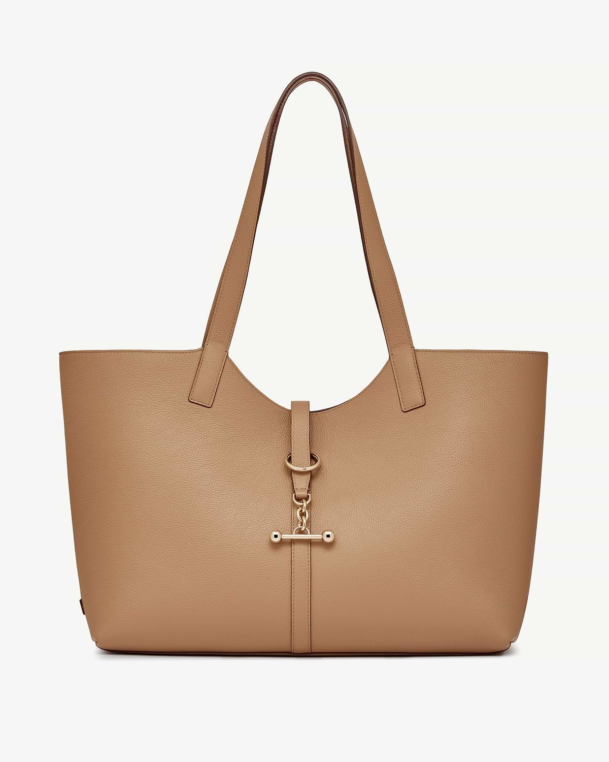 Caramel leather kite tote with two shoulder straps and gold bar hardware.