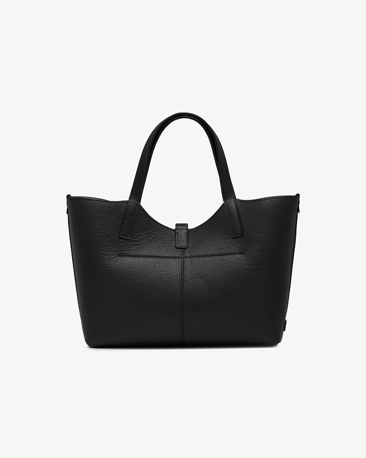 Black pebbled leather tote with two top handles and central tab closure.