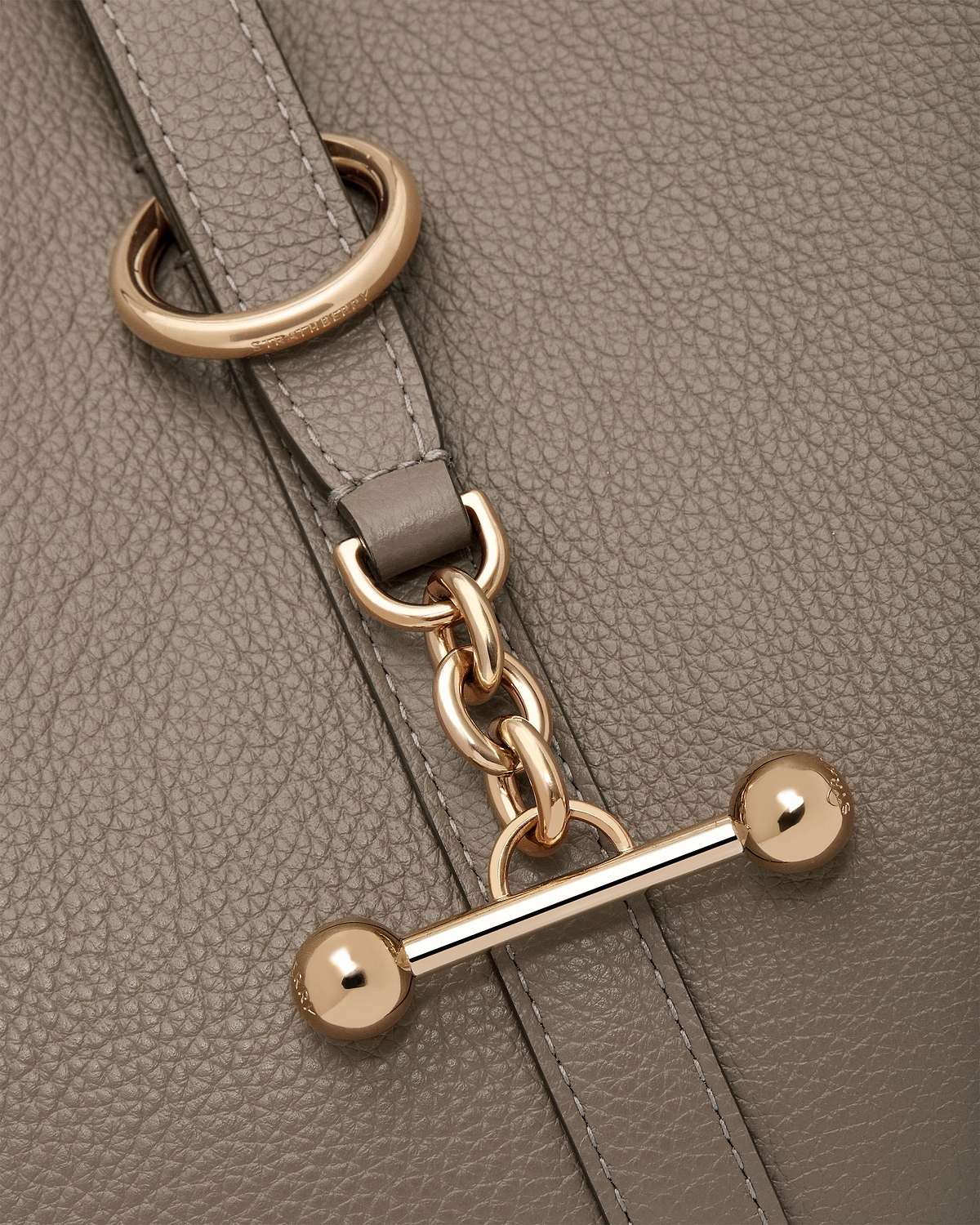 Detail of gold bar and chain on taupe pebbled leather Kite Tote Midi.
