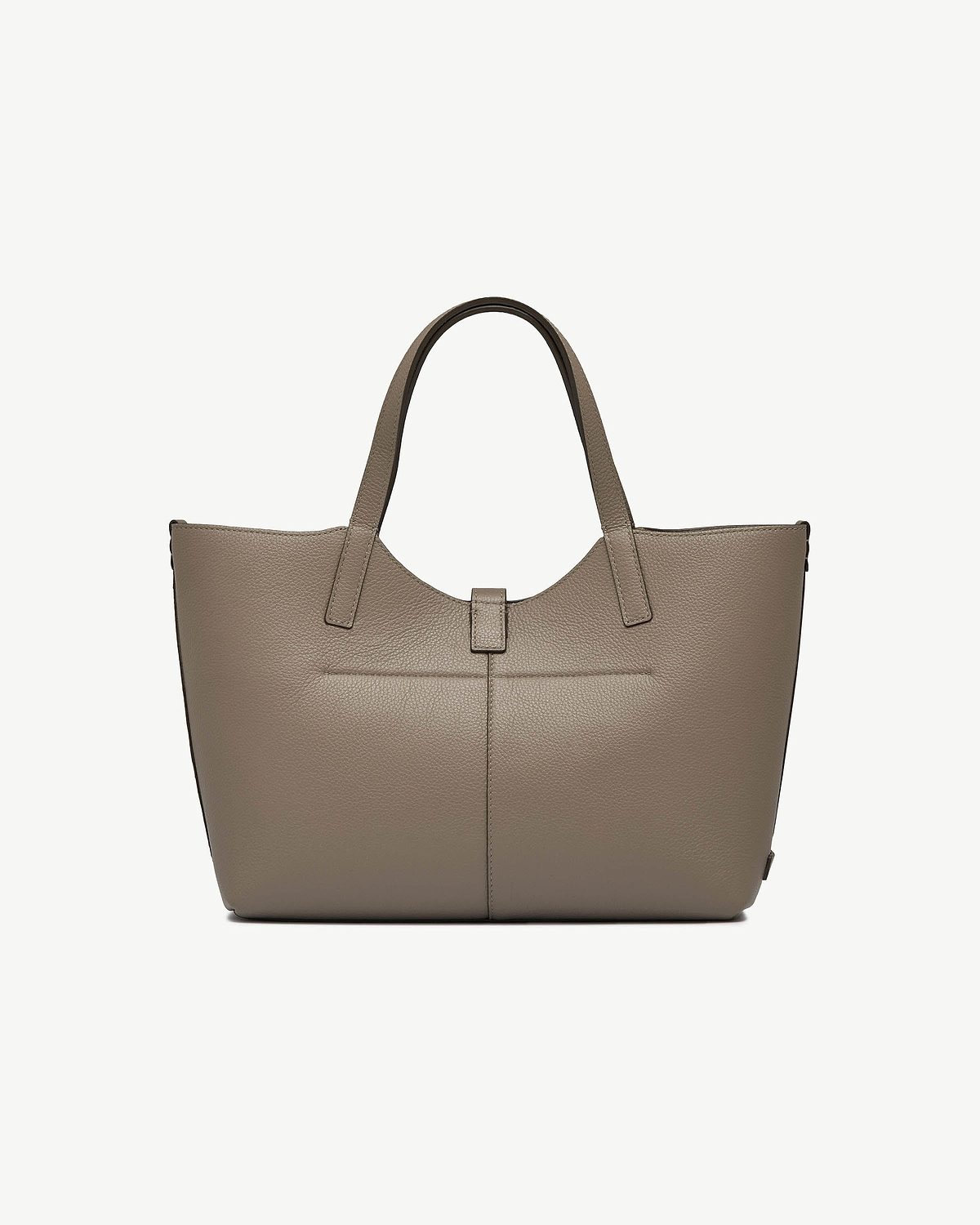 Taupe pebbled leather tote bag with double top handles and tab closure.
