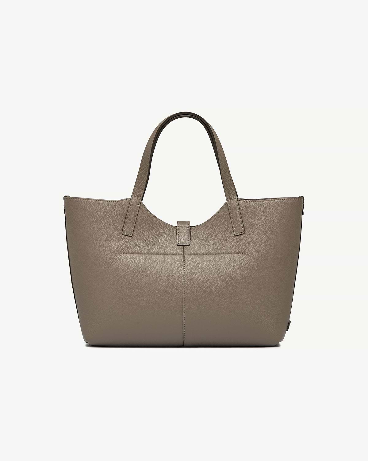 Taupe pebbled leather tote bag with double top handles and tab closure.