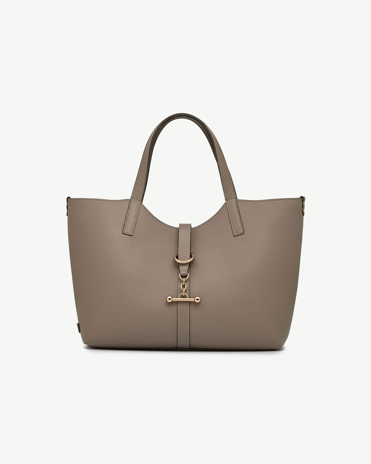 Taupe leather tote bag with double handles and gold T-bar clasp.