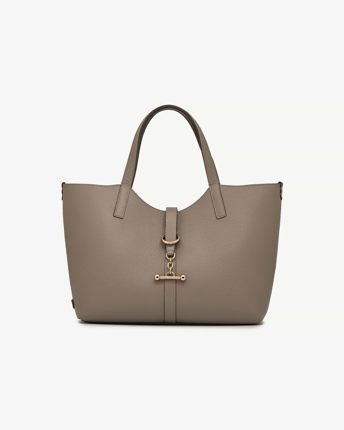 Taupe leather tote bag with double handles and gold T-bar clasp.