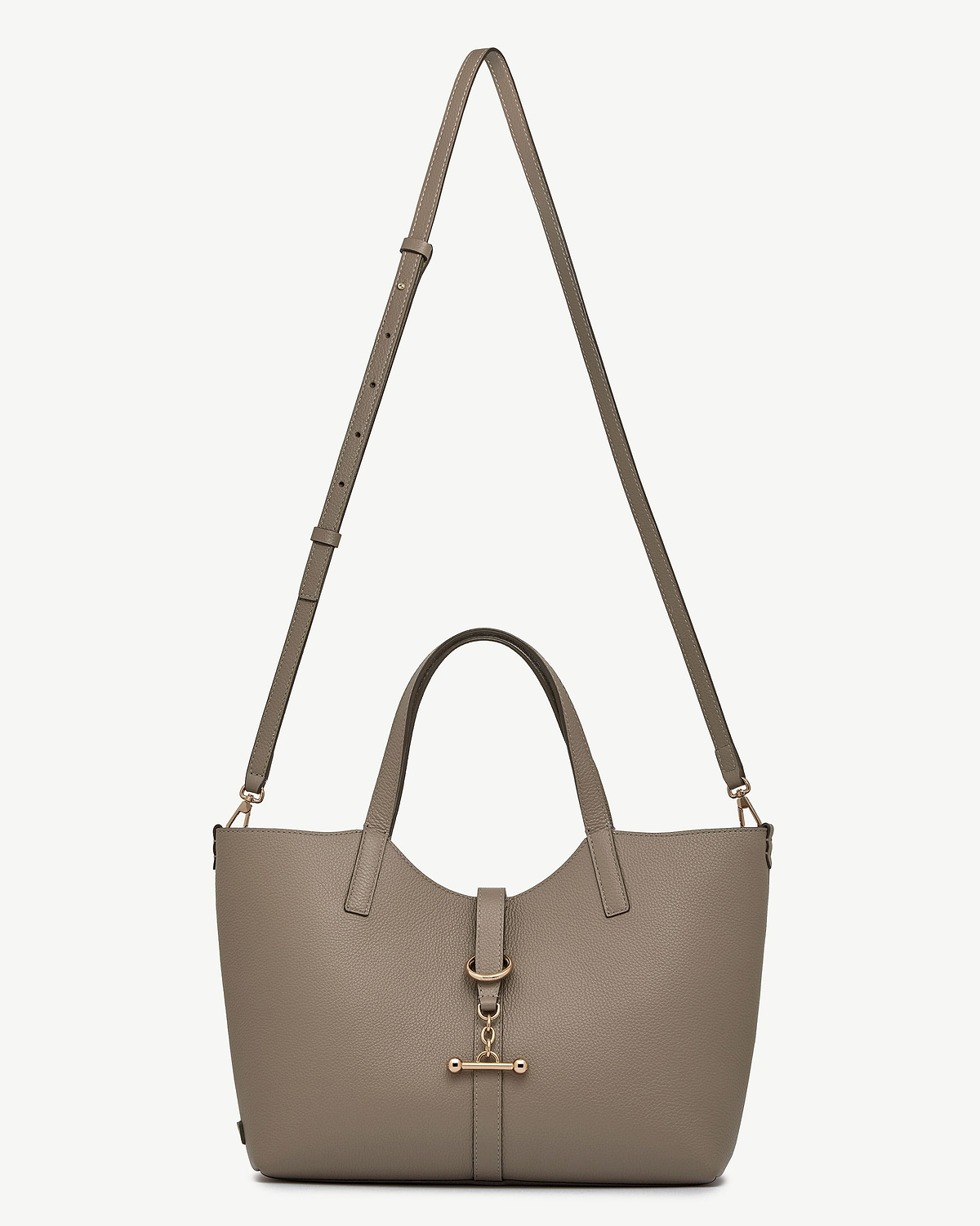 Taupe leather midi tote with top handles, adjustable shoulder strap and gold hardware.