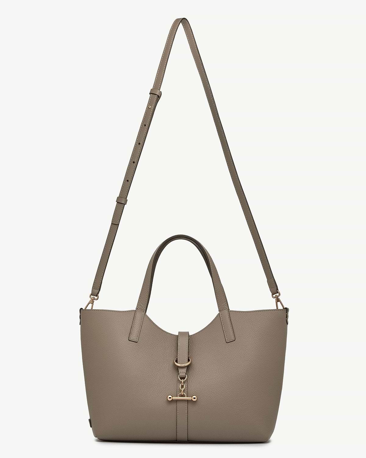 Taupe leather midi tote with top handles, adjustable shoulder strap and gold hardware.