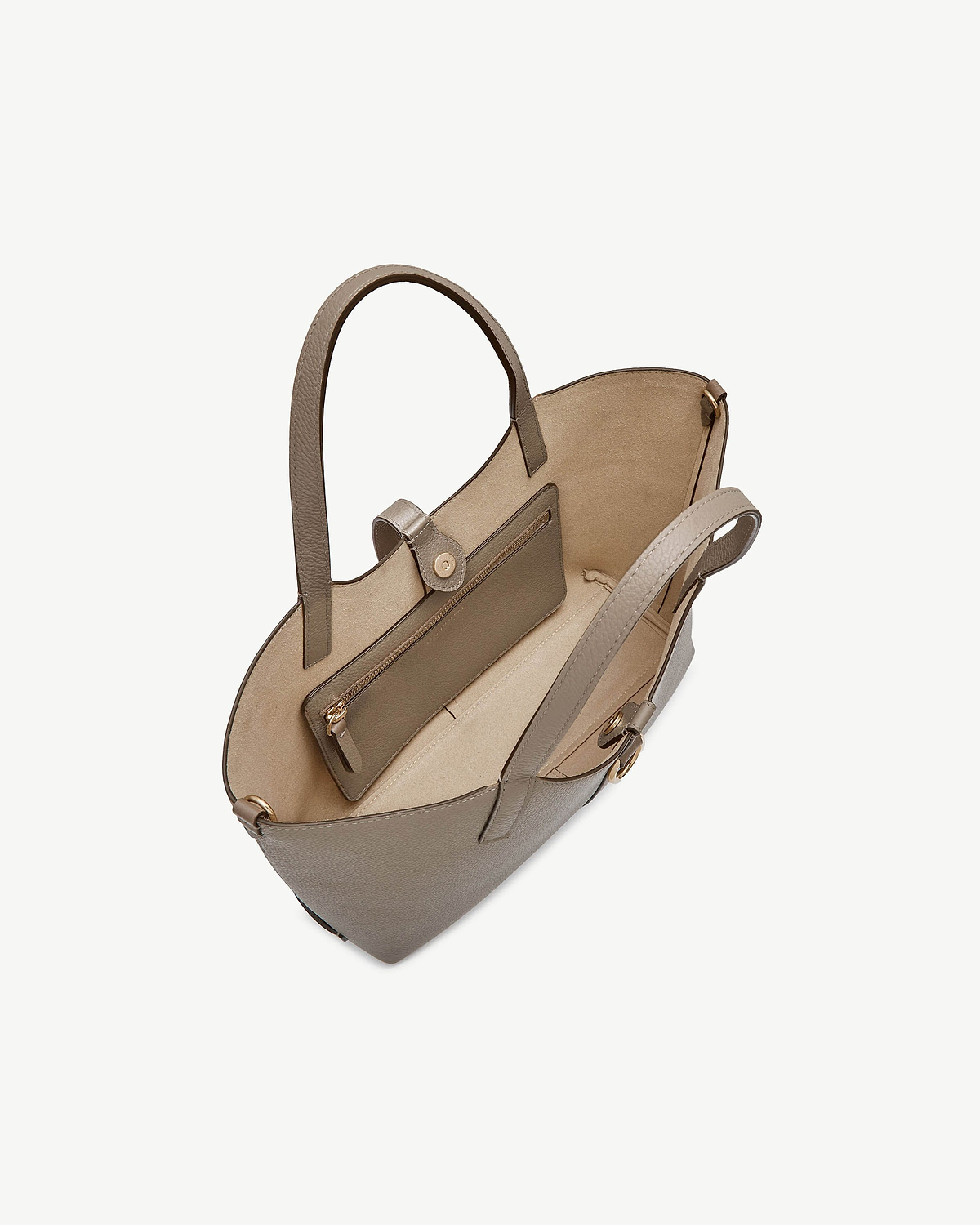 Taupe leather tote with open top, interior zip pouch and two shoulder straps.