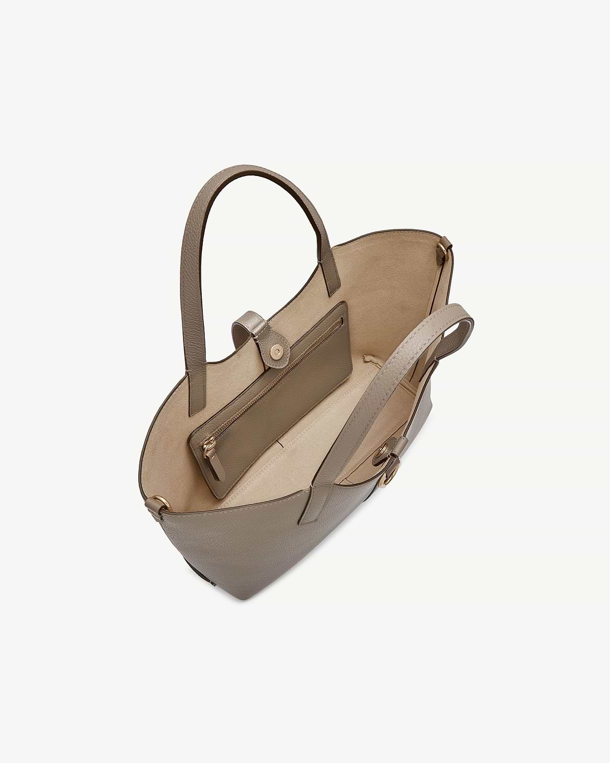 Taupe leather tote with open top, interior zip pouch and two shoulder straps.