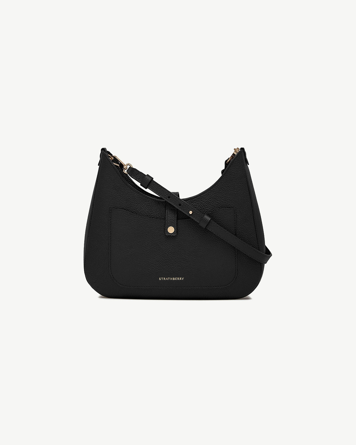 Black Strathberry Kite Sling with curved shape, front pocket and adjustable strap