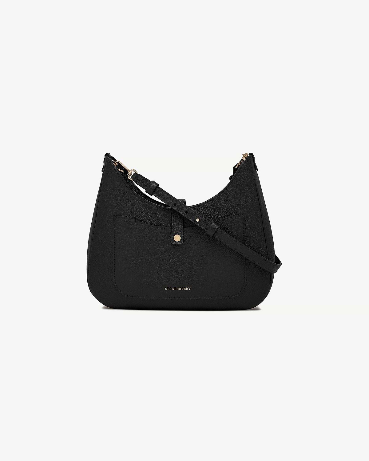 Black Strathberry Kite Sling with curved shape, front pocket and adjustable strap