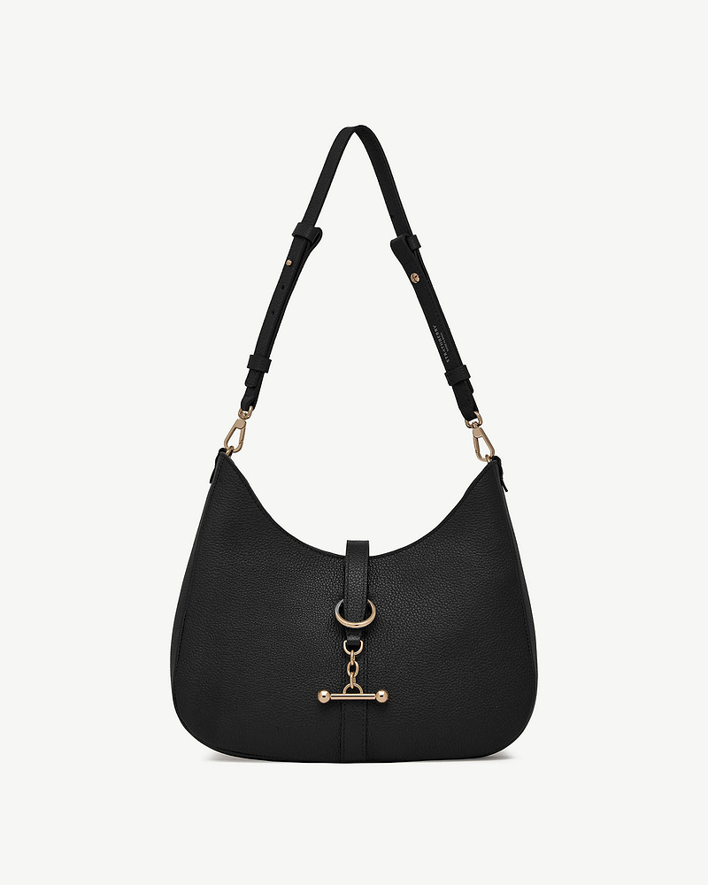 Black kite sling bag with adjustable shoulder strap and gold bar clasp