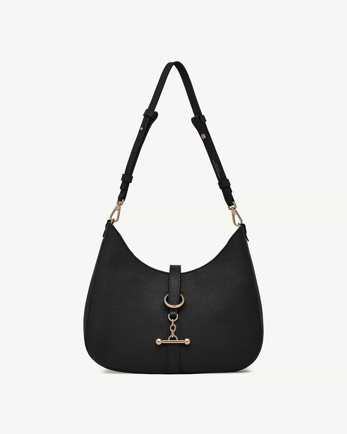 Black kite sling bag with adjustable shoulder strap and gold bar clasp