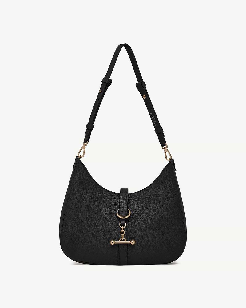 Black kite sling bag with adjustable shoulder strap and gold bar clasp
