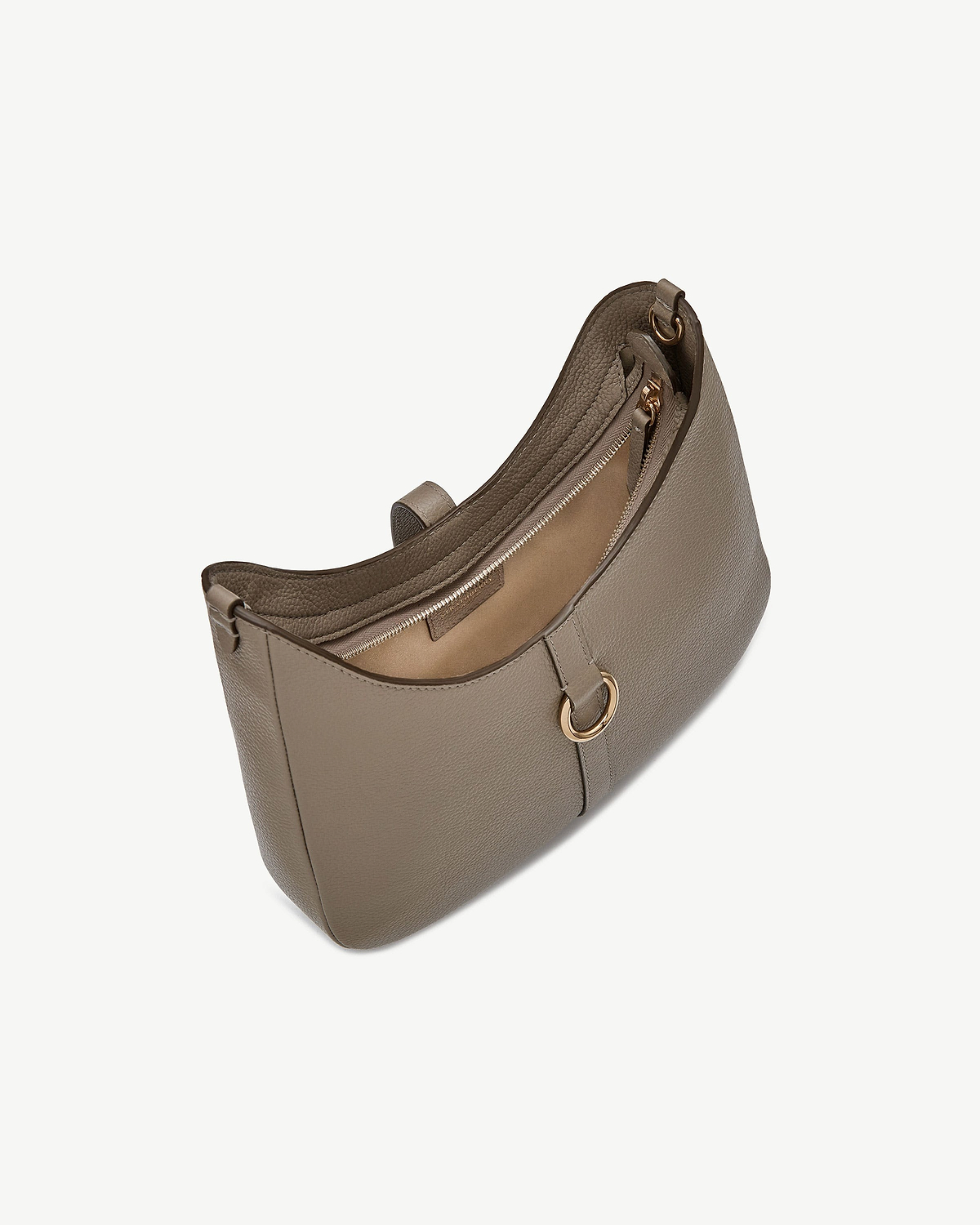Taupe pebbled leather Kite Sling bag with gold ring detail and zip pocket