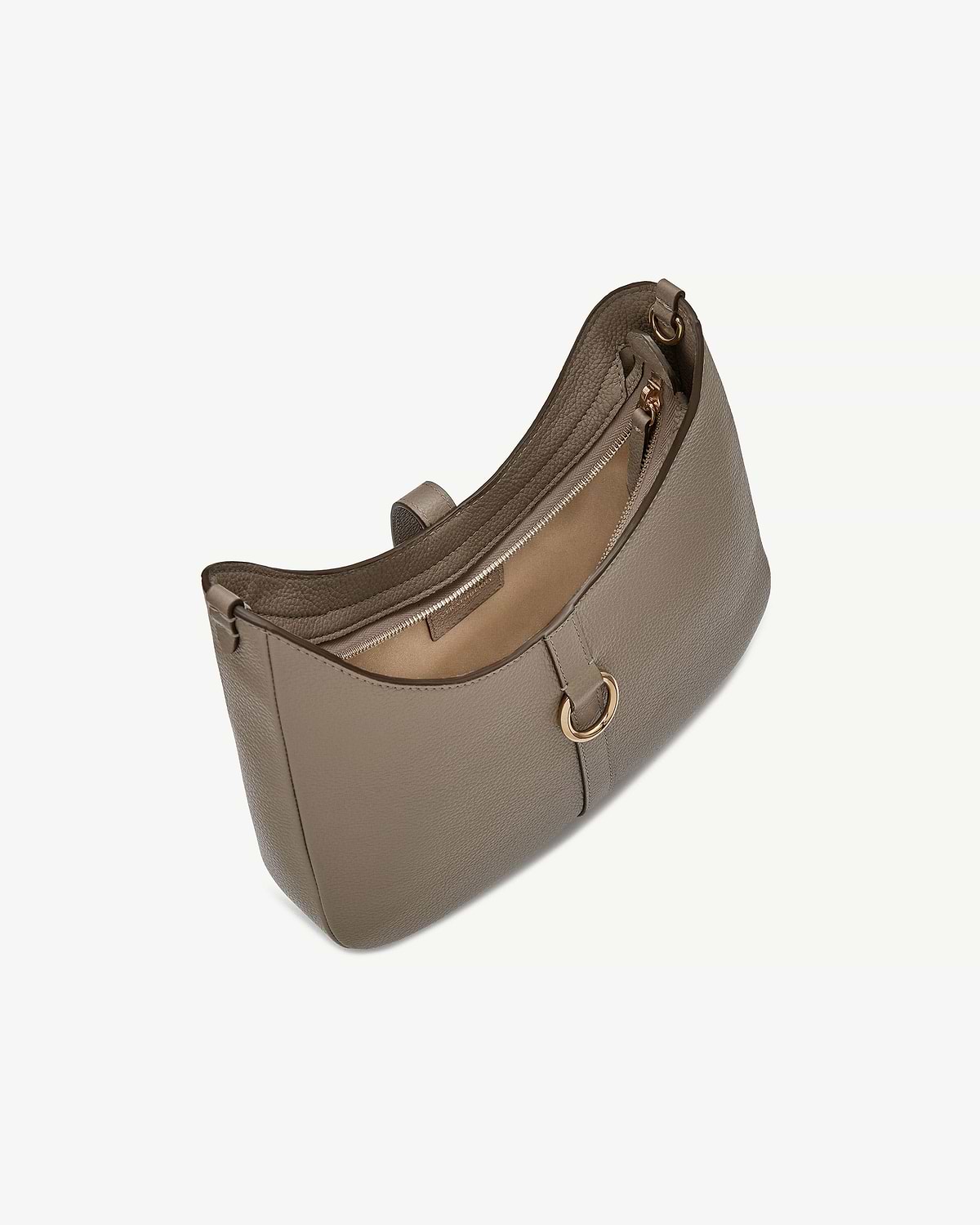Taupe pebbled leather Kite Sling bag with gold ring detail and zip pocket