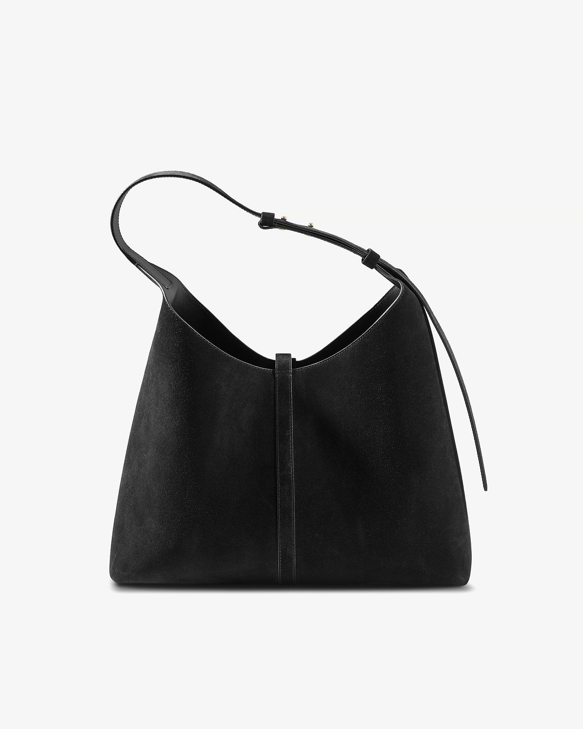 Black suede hobo bag with single shoulder strap and central vertical seam.