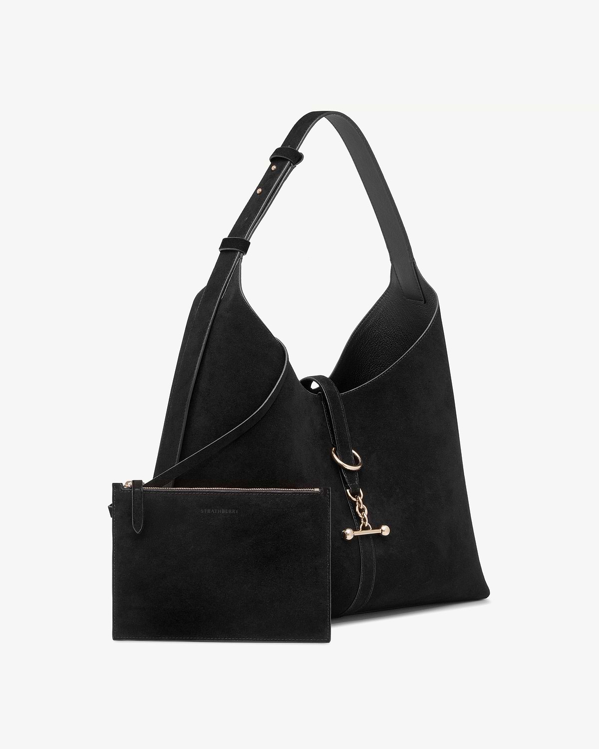 Strathberry black suede Kite Hobo Maxi bag with detachable pouch and gold hardware