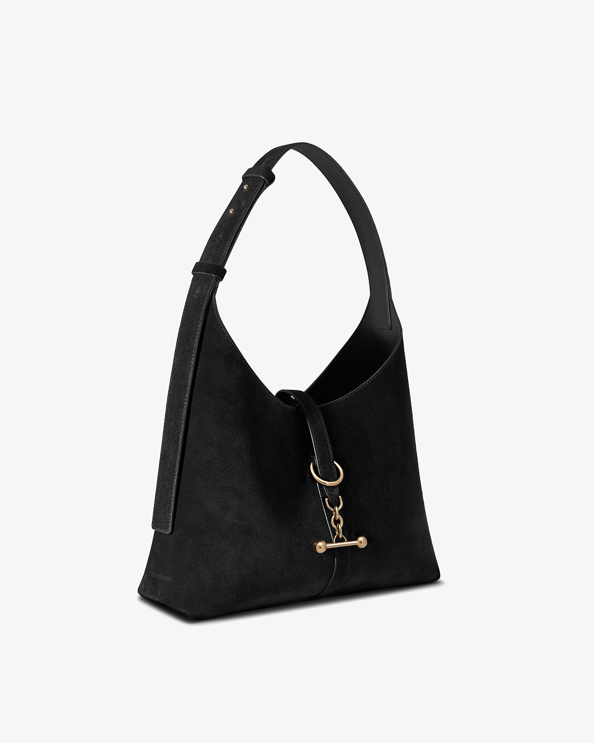 Black suede hobo bag with adjustable strap and gold toggle hardware.