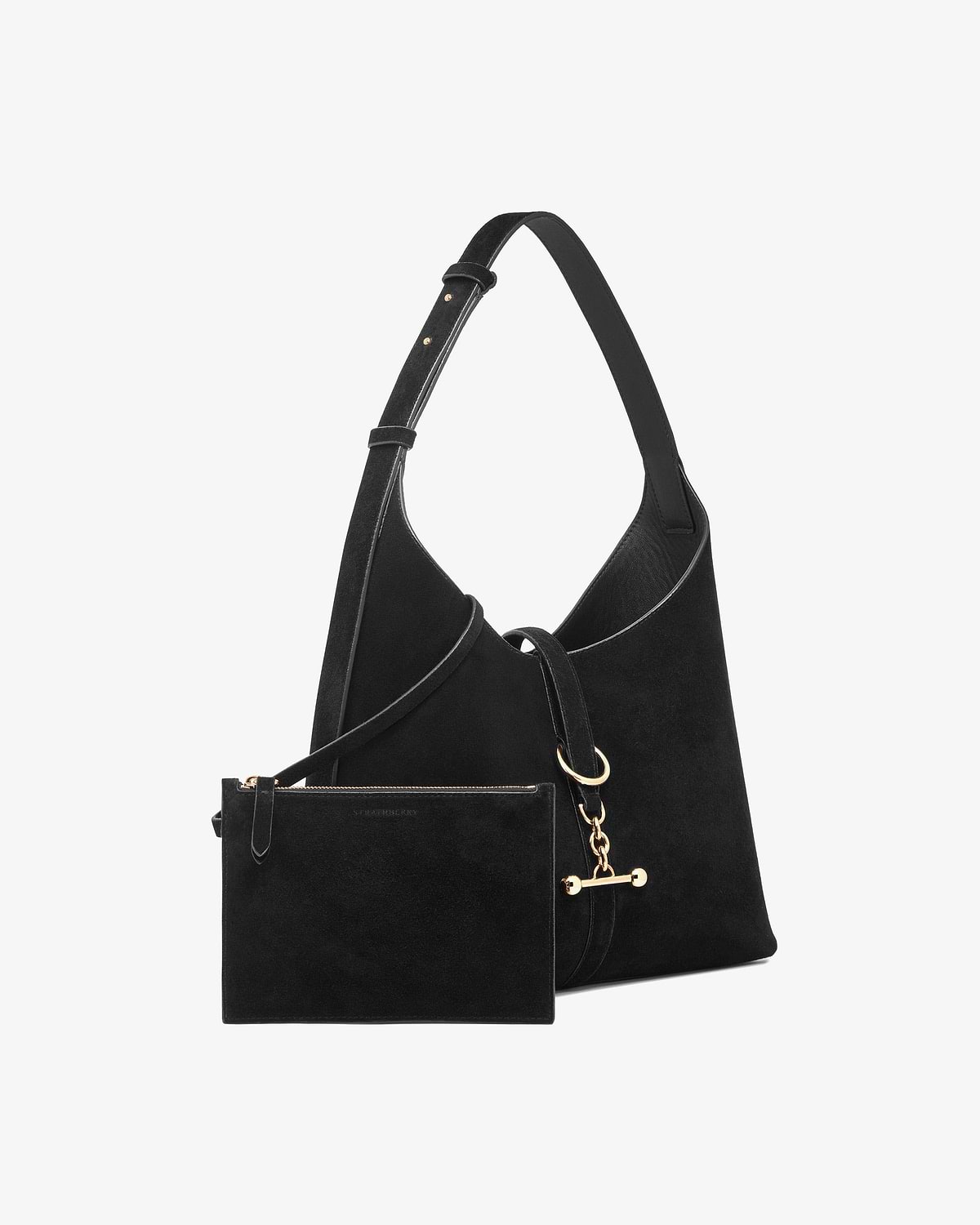 Black suede Kite Hobo bag with matching zipped pouch and gold hardware.