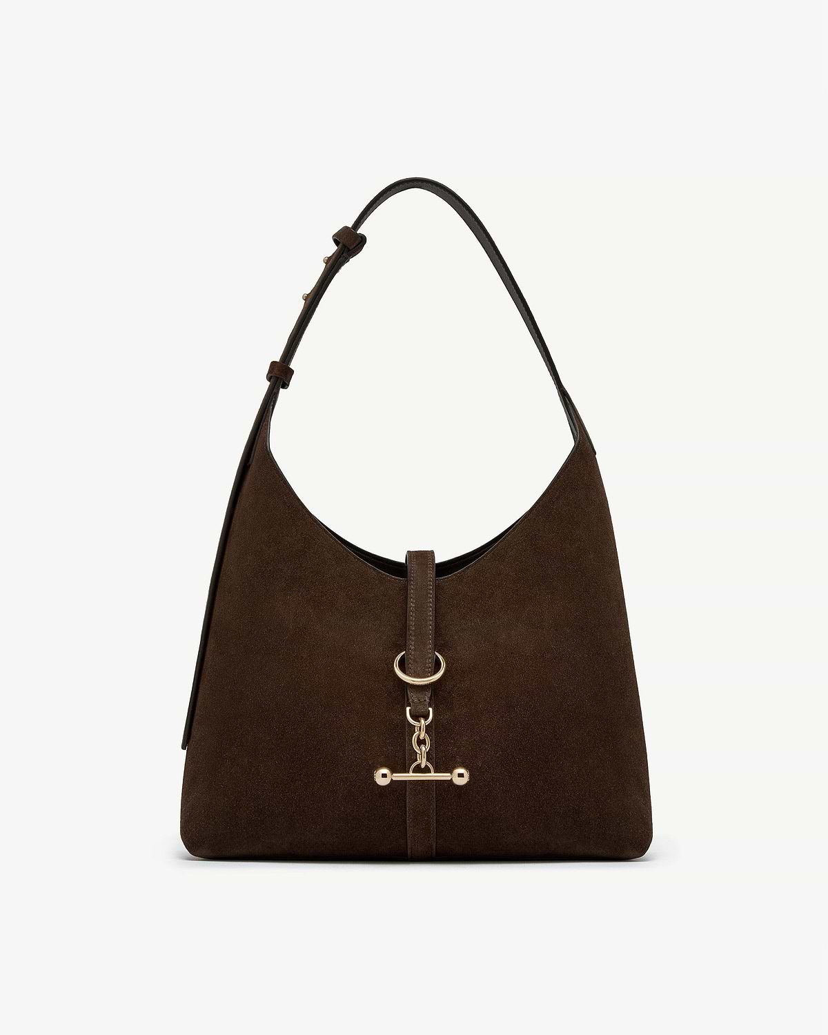 Chocolate suede hobo bag with single shoulder strap and gold-tone fittings.