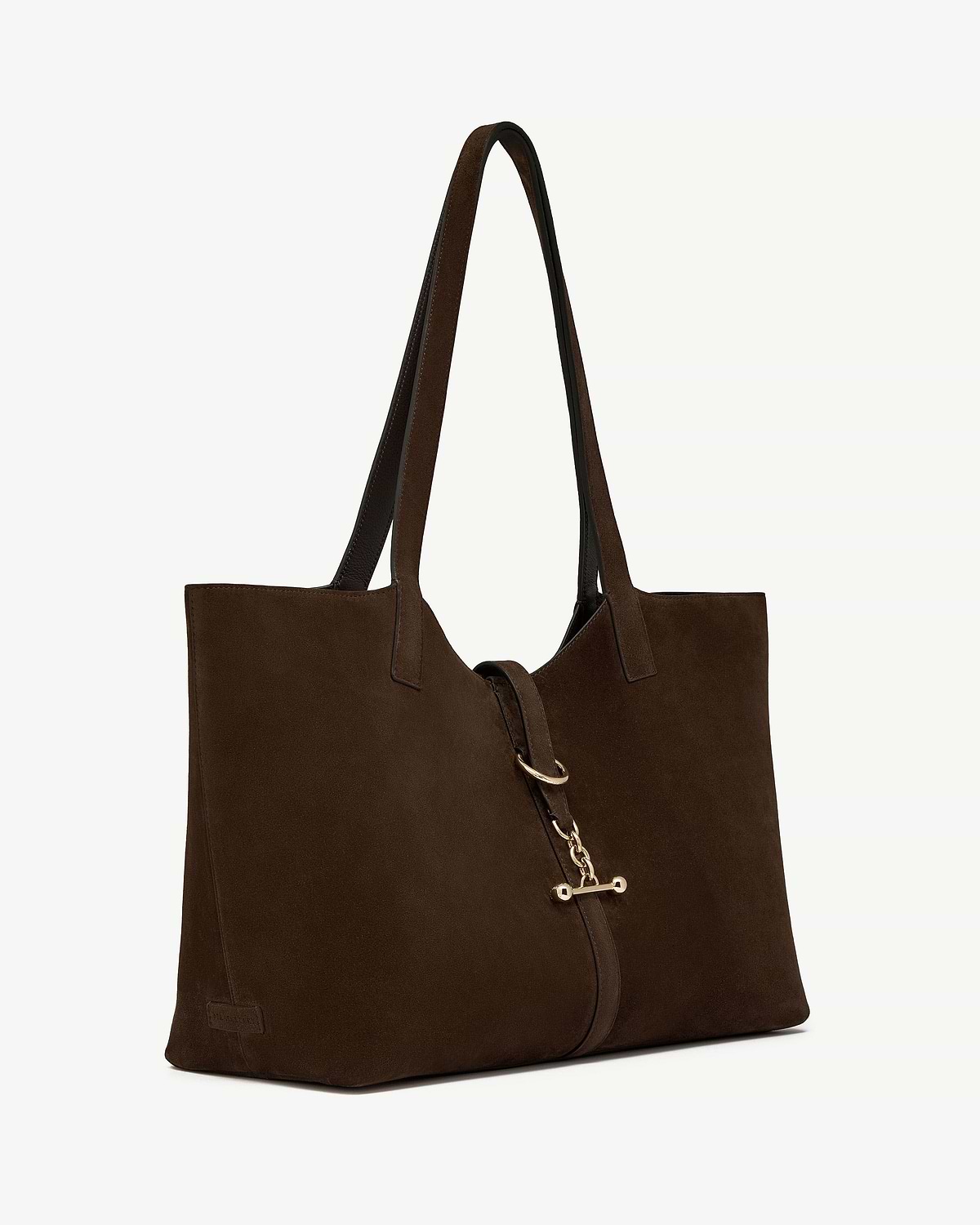 Chocolate suede tote bag with long shoulder straps and gold chain fastening.