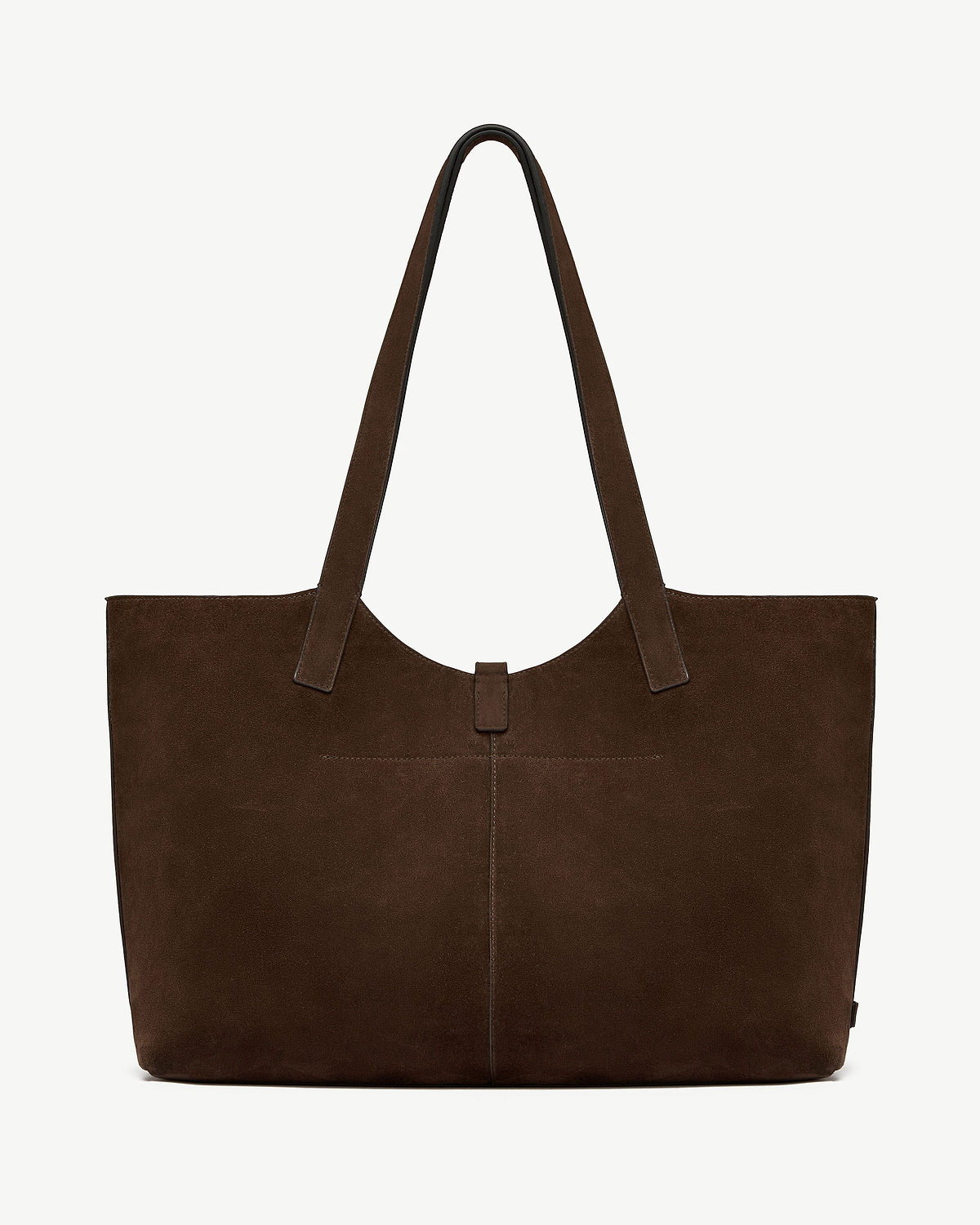 Chocolate suede kite tote with long straps and top tab fastening