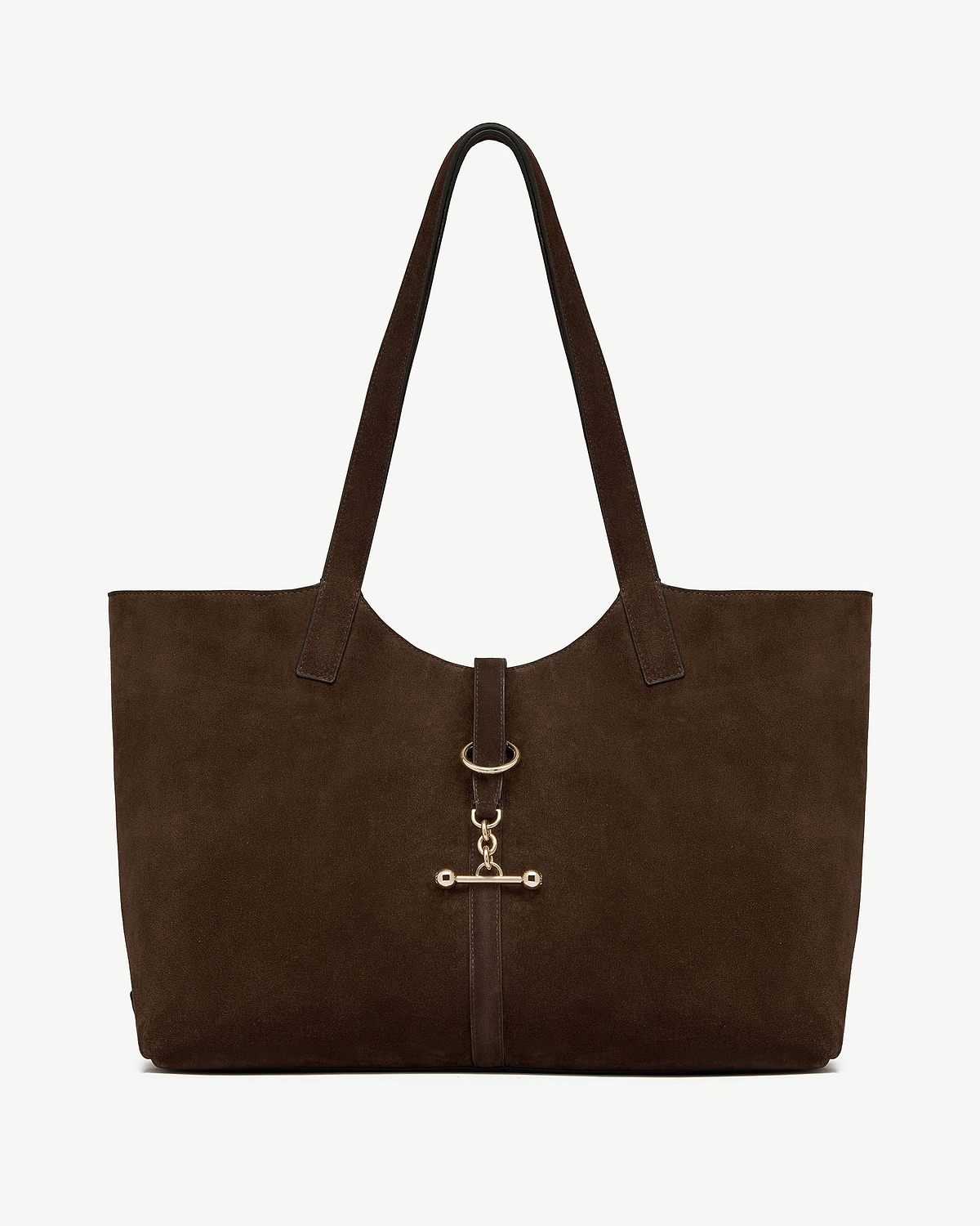 Chocolate suede Kite tote with long handles and gold T-bar hardware.