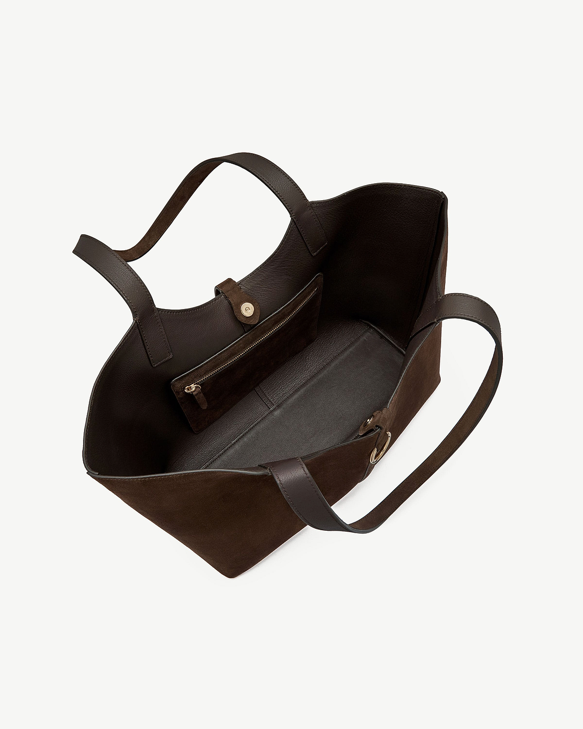 Open chocolate suede tote bag with leather handles and internal zip pocket.