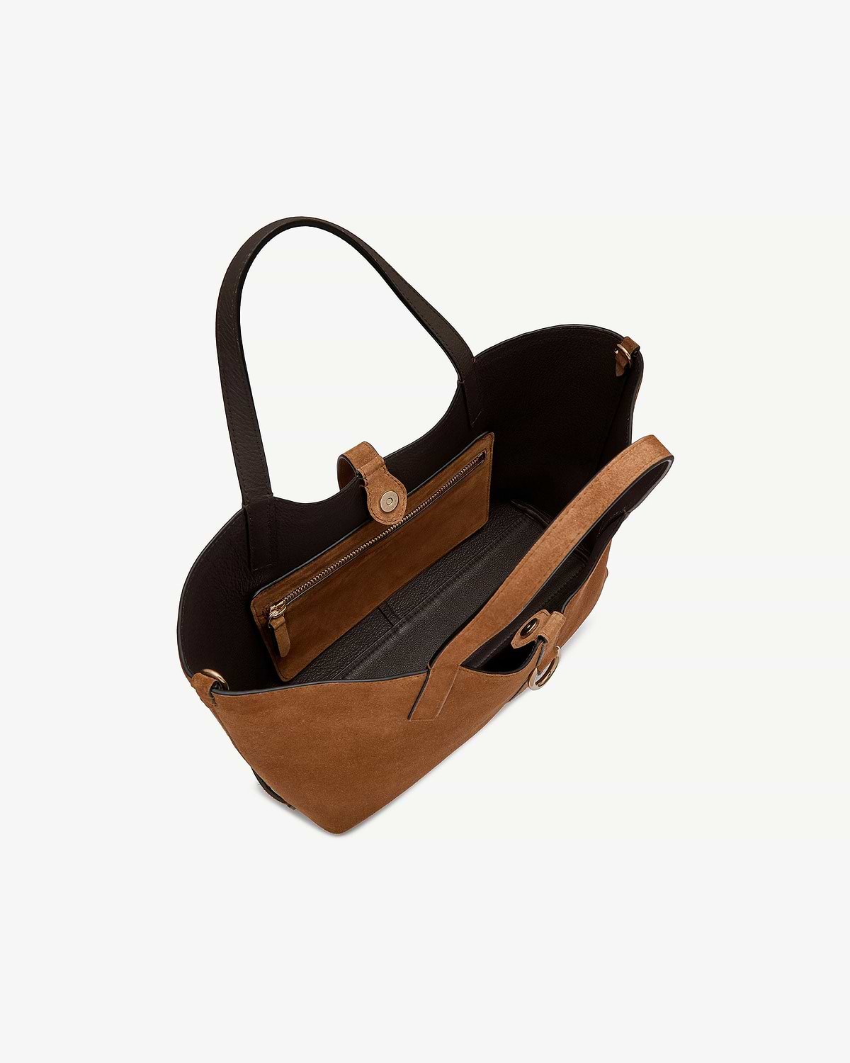 Tan suede Kite Tote Midi shown from above with open interior and handles.