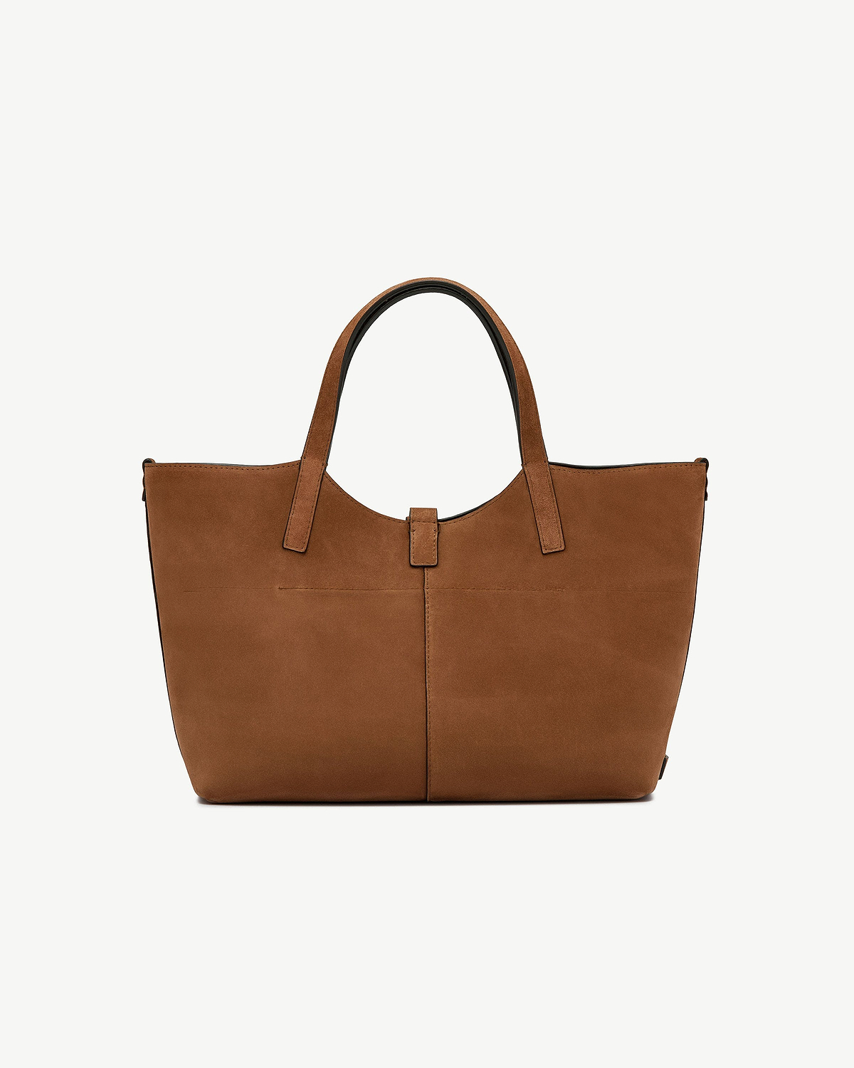 Tan suede tote bag with double handles and front centre tab closure.