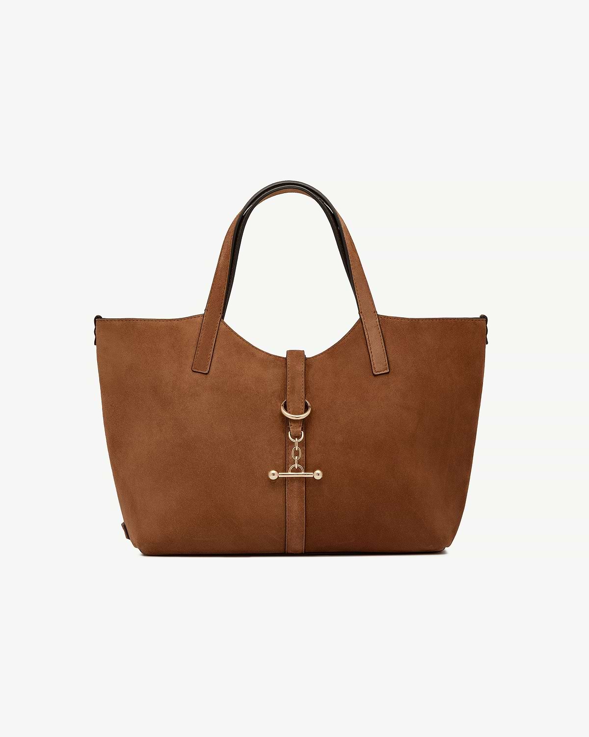 Tan suede tote with double top handles and central gold bar toggle fastening.