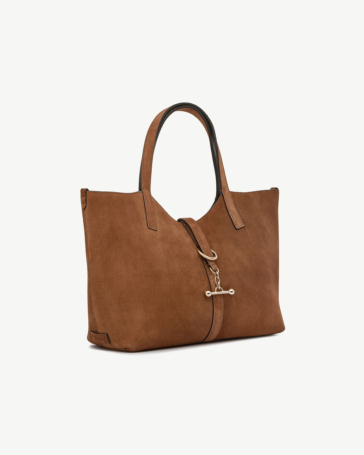 Tan suede tote bag with top handles and gold toggle-chain fastening.