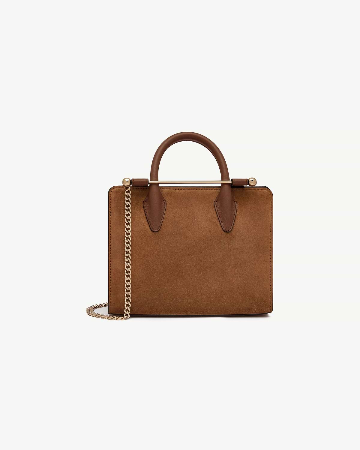 Tan suede mini tote with top handles and gold chain shoulder strap.