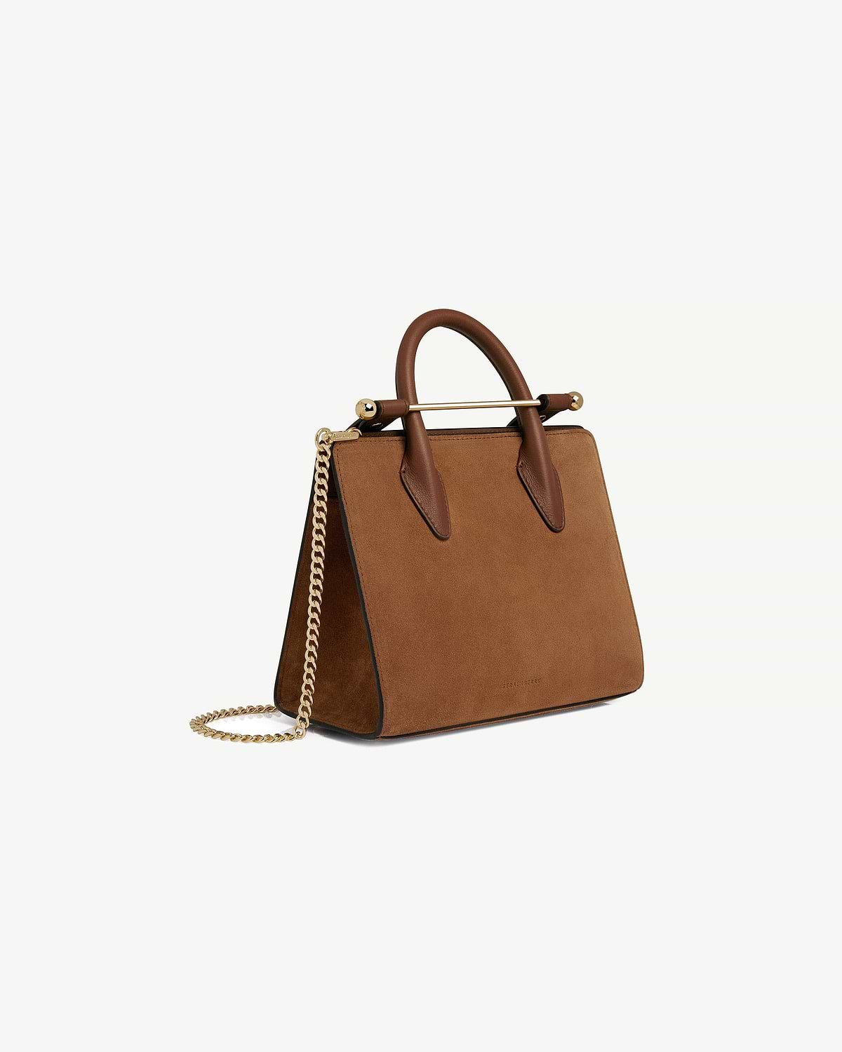 Strathberry tan suede mini tote with top handles and gold chain strap.