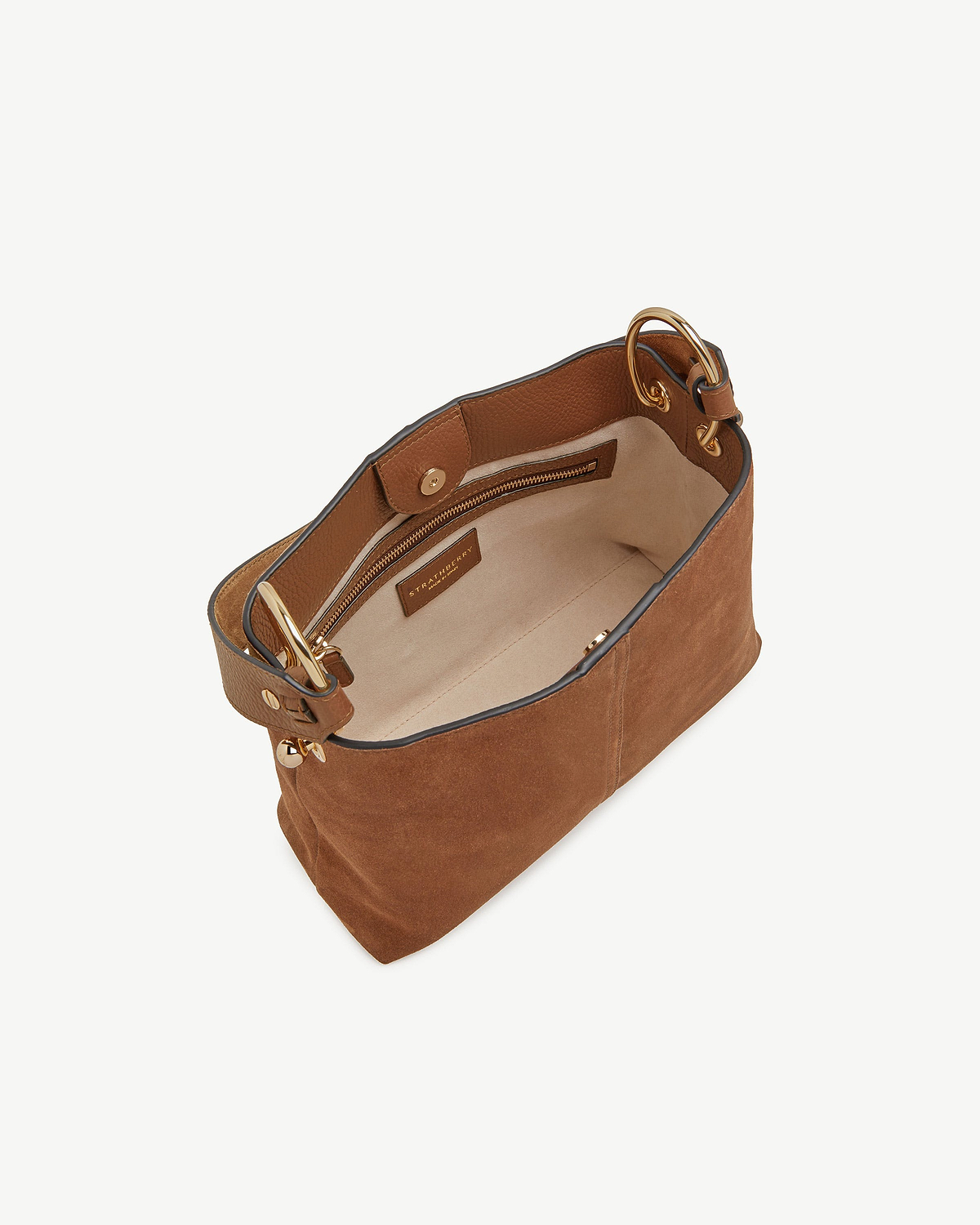 Tan suede Strathberry Lana hobo bag showing interior, zip pocket and gold hardware.