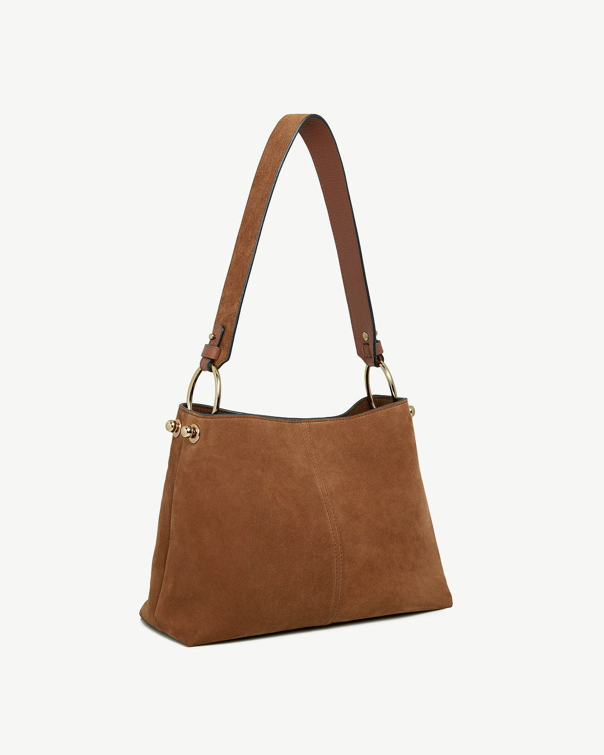 Tan suede hobo bag with single shoulder strap and gold ring fittings.