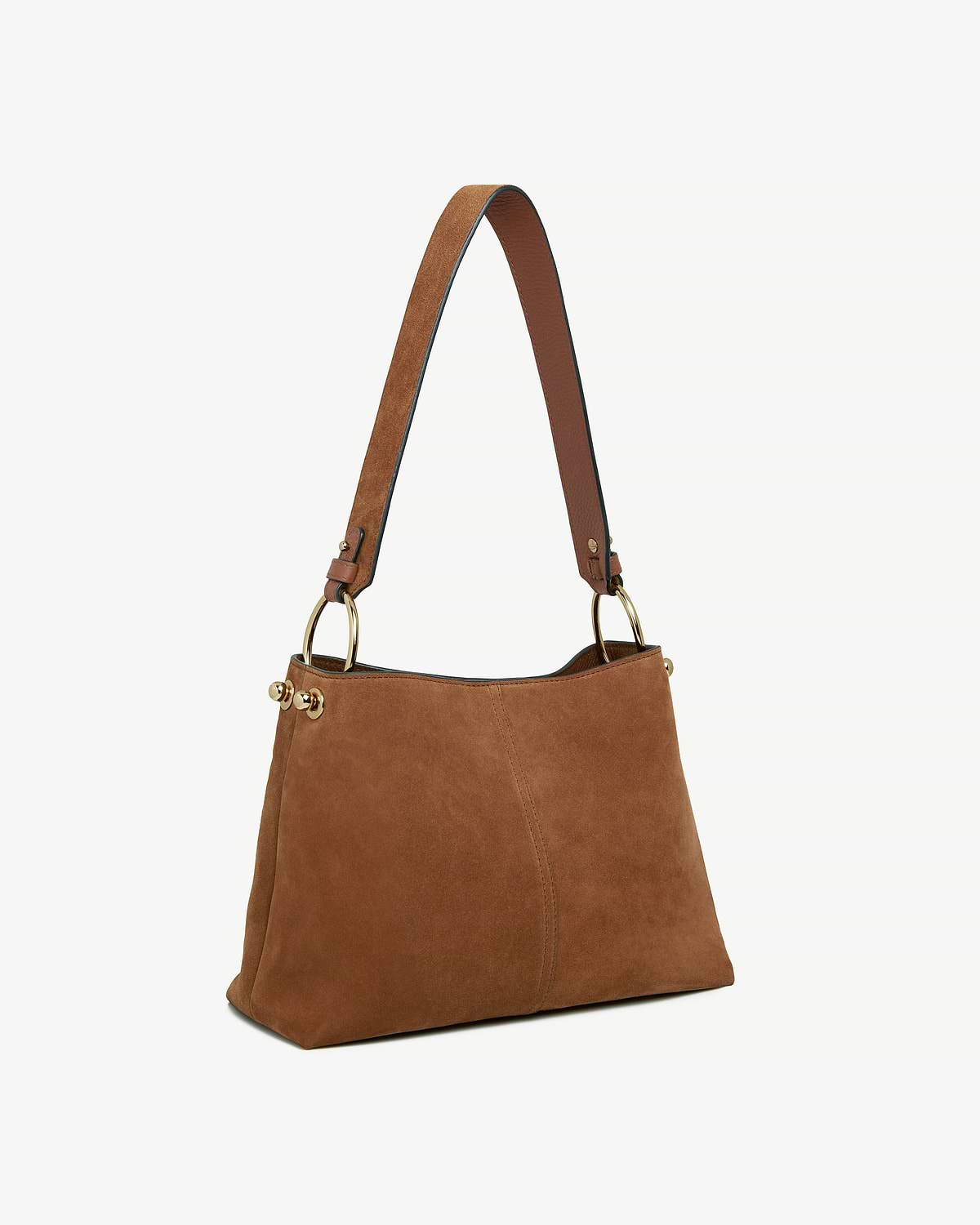 Tan suede hobo bag with single shoulder strap and gold ring fittings.