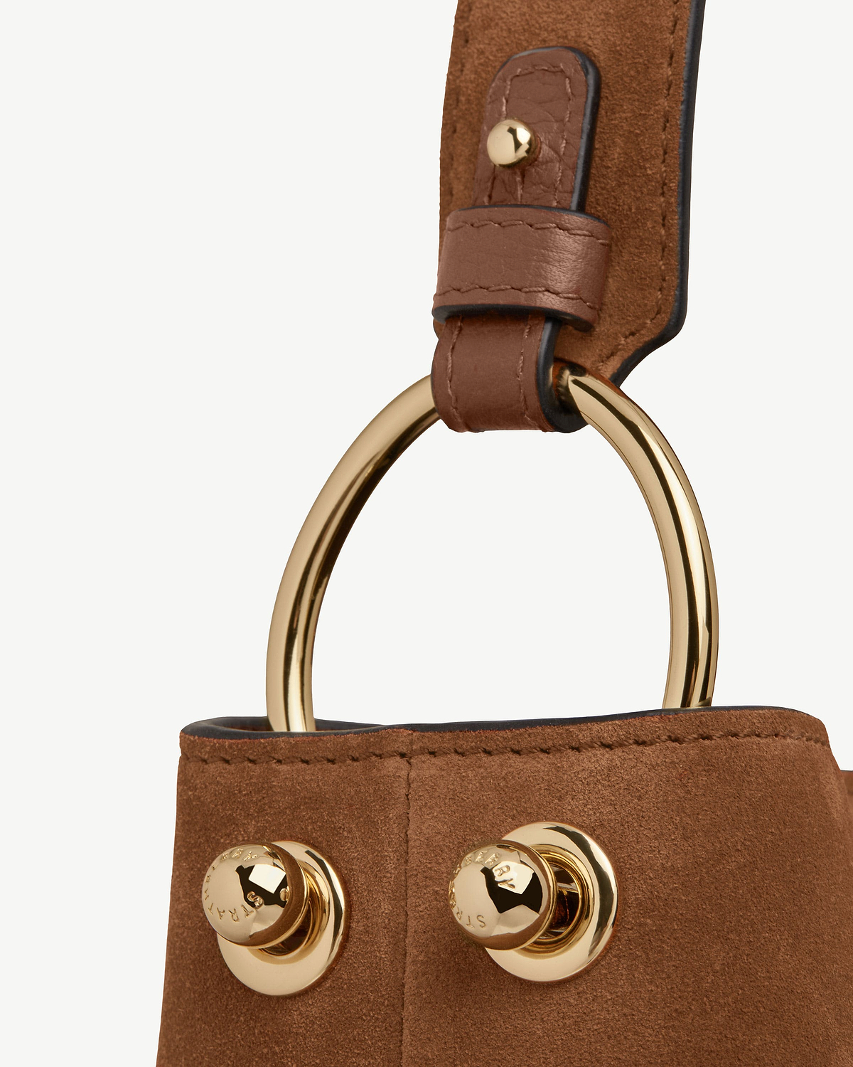 Tan suede Lana Hobo strap with gold ring and Strathberry studs