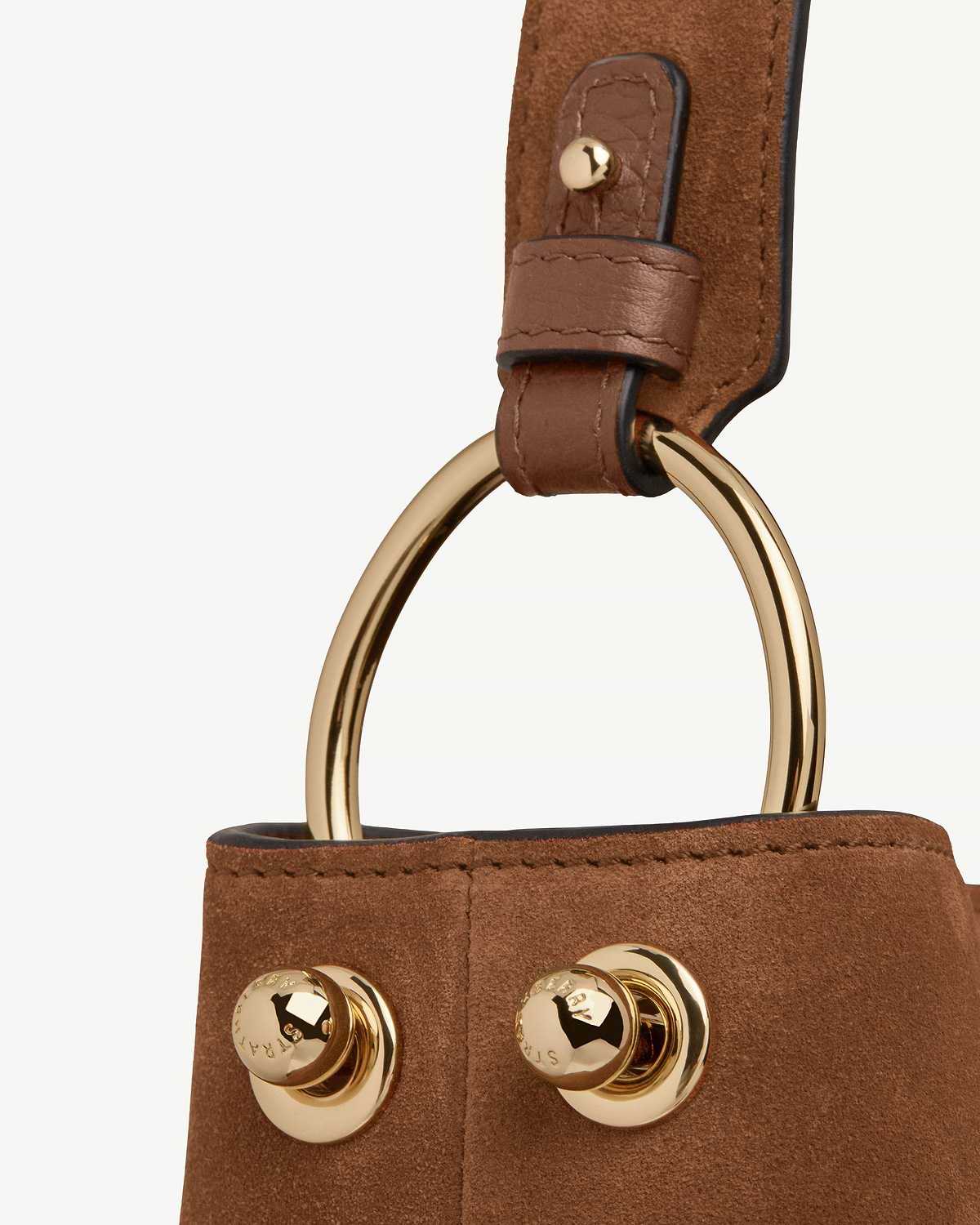 Tan suede Lana Hobo strap with gold ring and Strathberry studs