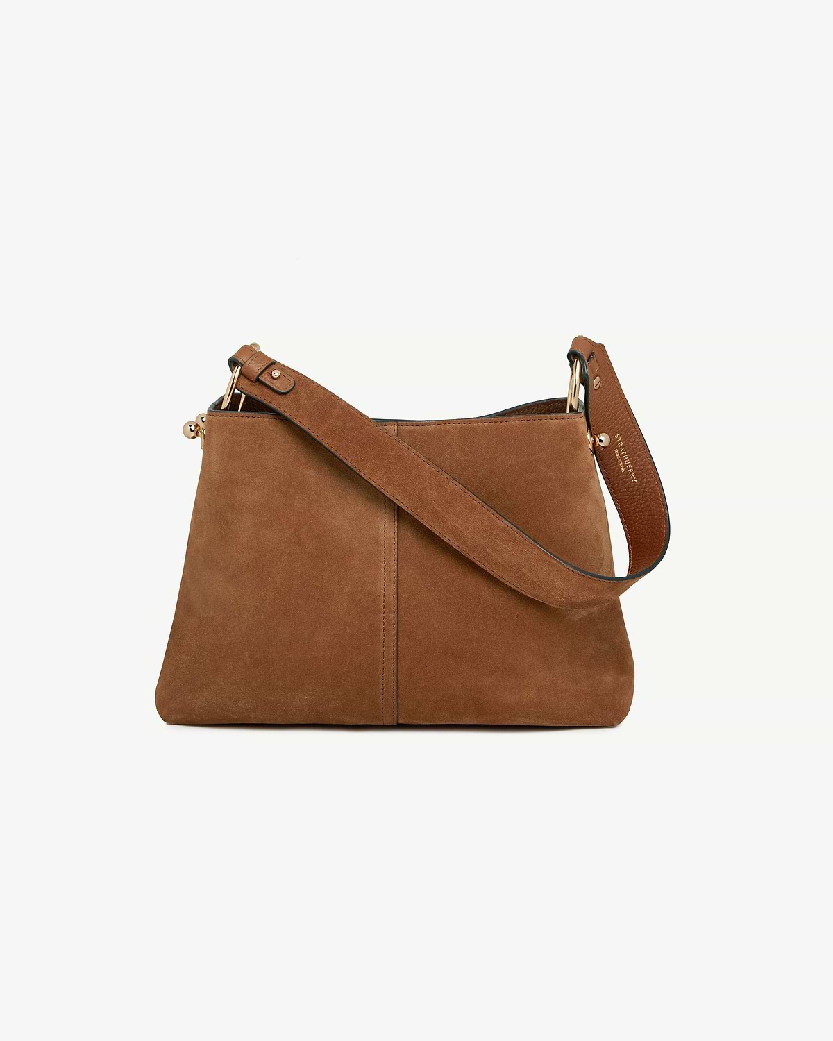 Tan suede Lana hobo bag with wide strap, gold hardware, Strathberry logo.