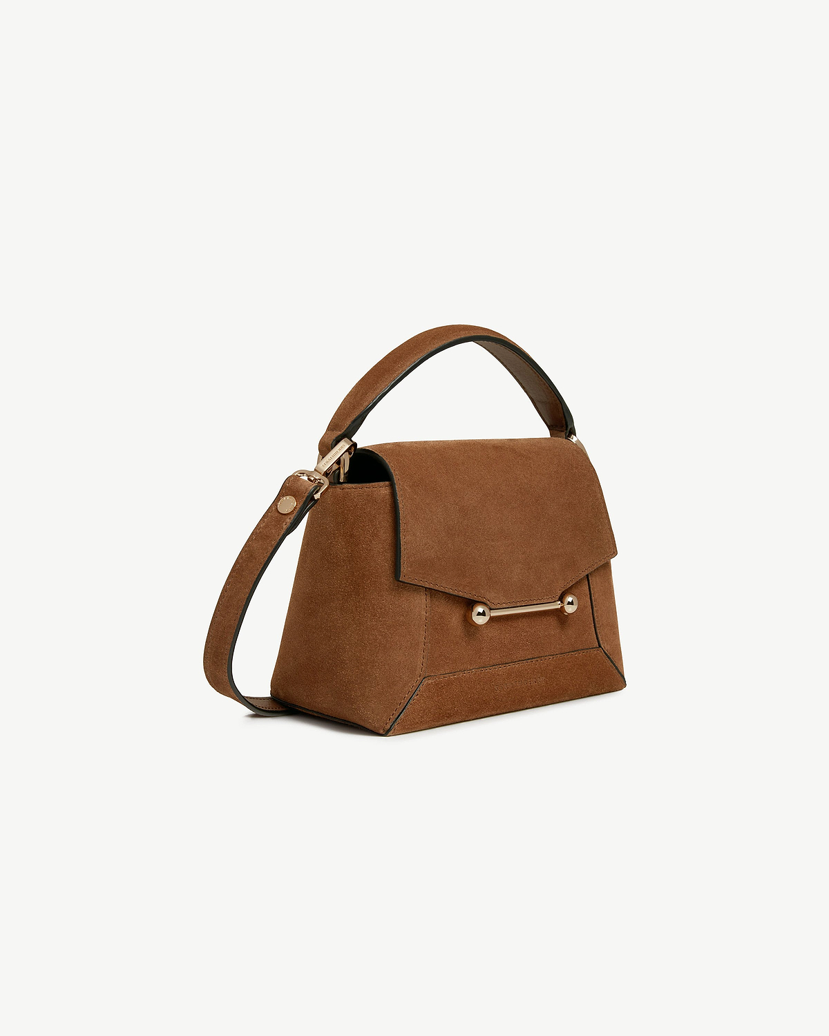 Tan suede Mosaic Nano bag with top handle, shoulder strap and gold bar.