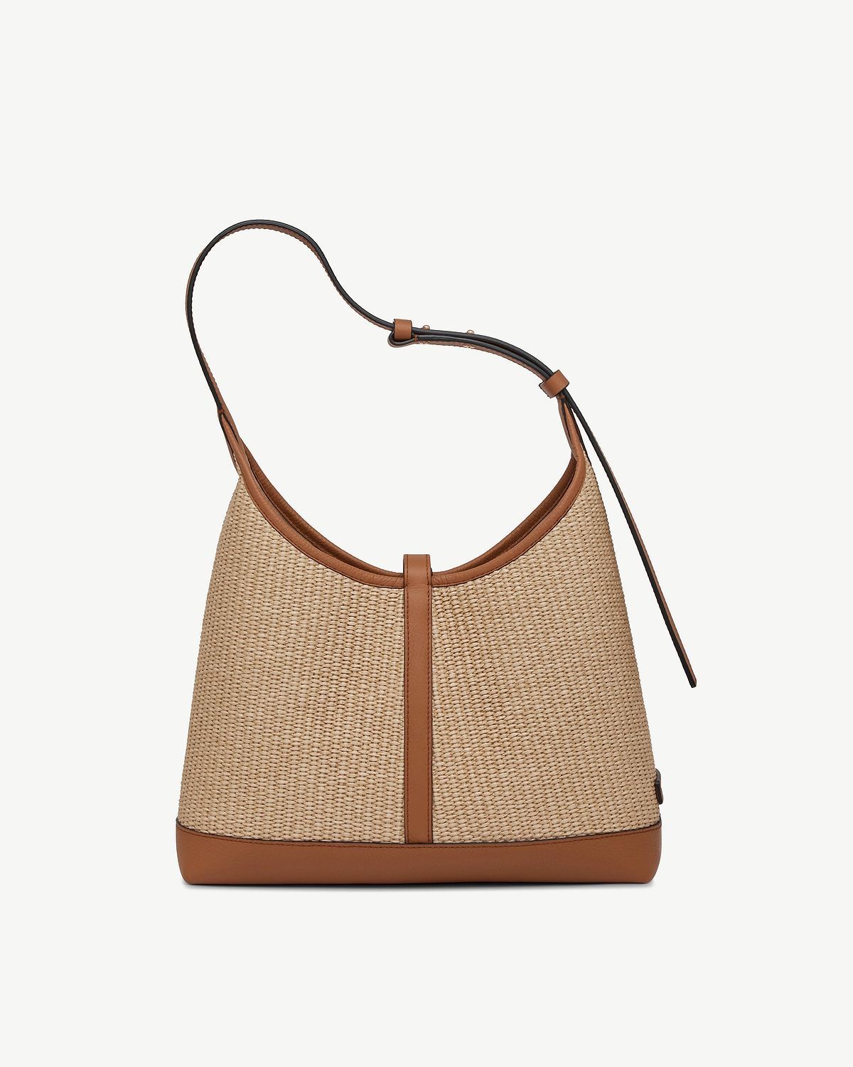 Tan and natural raffia kite hobo bag with leather trim and adjustable strap.